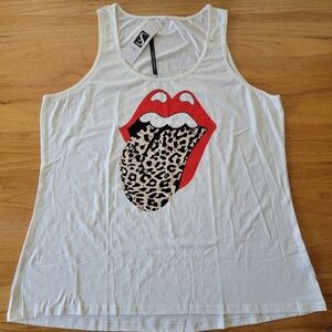 Famous Red Lips, Animal Print Tongue, Womens White Casual Tank Top Plus Size 2XL